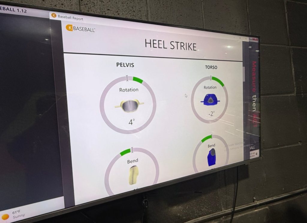 K-Motion 3D biomechanical analysis showing Heel Strike rotation and bend metrics at Ball 2 Barrel Baseball Academy