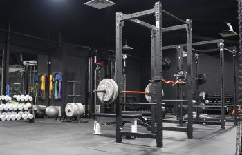 A modern gym with a power rack, bench press, barbells, weight plates, dumbbells, kettlebells, and resistance bands arranged against dark walls.